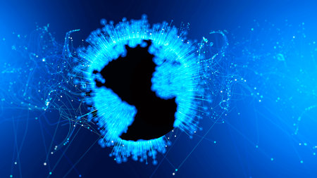 Digital world and globalization. Internet speed. Explorations, satellites and space. Space missions. High speed transfer. Usa, America. New discoveries. Global digitization. Sci-fi. 3d renderの写真素材