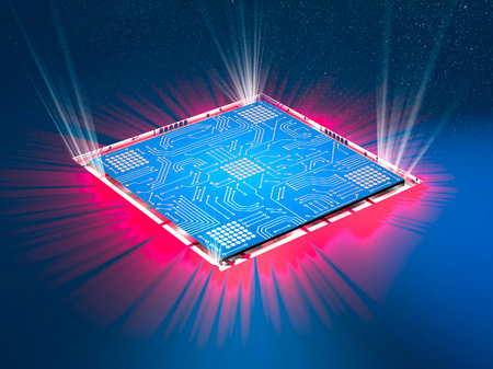 Microchip, power and speed. Presentation of the new microchip. Processor of a computer. Printed circuits. Information, quantum computer. Artificial intelligence, CPU. 3d renderの写真素材