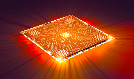 Microchip, power and speed. Presentation of the new microchip. Processor of a computer. Printed circuits. Information, quantum computer. Artificial intelligence, CPU. 3d renderの写真素材