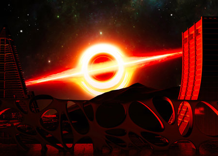 A look at new worlds, extraterrestrials, exoplanets, extra solar planets and new civilizations. Science fiction. Dwellings of other galaxies close to the gravitational field of a black hole. 3d renderの写真素材