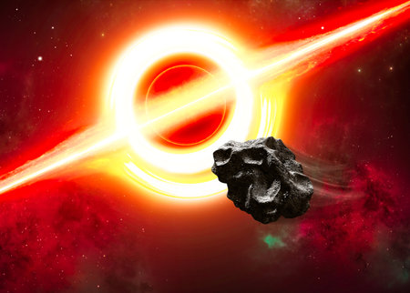 Gravitational field of a black hole, gravitational attraction. Meteorites and asteroids about to be swallowed. New worlds and galaxies. Nebulae and stars. Deep space. 3d renderの写真素材