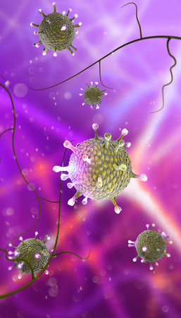 Microscopic view of Coronavirus, a pathogen that attacks the respiratory tract. COVID-19. Analysis and test, 3d render. Viral infection. Propagation of the virus in the human body. Vaccine.の写真素材