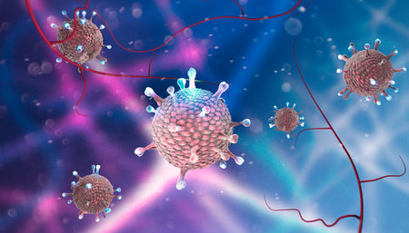 Microscopic view of Coronavirus, a pathogen that attacks the respiratory tract. COVID-19. Analysis and test, 3d render. Viral infection. Propagation of the virus in the human body. Vaccine.の写真素材
