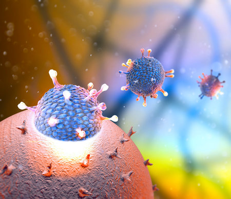 Microscopic view of Coronavirus, a pathogen that attacks the respiratory tract. COVID-19. Analysis and test, 3d render. Viral infection. Propagation of the virus in the human body. Vaccineの写真素材