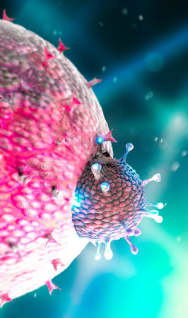 Microscopic view of Coronavirus, a pathogen that attacks the respiratory tract. COVID-19. Analysis and test, 3d render. Viral infection. Propagation of the virus in the human body. Vaccineの写真素材