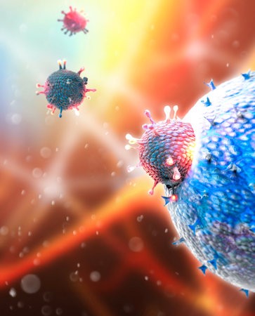Microscopic view of Coronavirus, a pathogen that attacks the respiratory tract. COVID-19. Analysis and test, 3d render. Viral infection. Propagation of the virus in the human body. Vaccineの写真素材