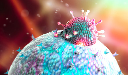 Microscopic view of Coronavirus, a pathogen that attacks the respiratory tract. COVID-19. Analysis and test, 3d render. Viral infection. Propagation of the virus in the human body. Vaccineの写真素材