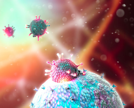 Microscopic view of Coronavirus, a pathogen that attacks the respiratory tract. COVID-19. Analysis and test, 3d render. Viral infection. Propagation of the virus in the human body. Vaccineの写真素材