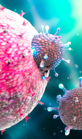 Microscopic view of Coronavirus, a pathogen that attacks the respiratory tract. COVID-19. Analysis and test, 3d render. Viral infection. Propagation of the virus in the human body. Vaccineの写真素材