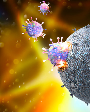 Microscopic view of Coronavirus, a pathogen that attacks the respiratory tract. COVID-19. Analysis and test, 3d render. Viral infection. Propagation of the virus in the human body. Vaccineの写真素材
