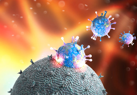 Microscopic view of Coronavirus, a pathogen that attacks the respiratory tract. COVID-19. Analysis and test, 3d render. Viral infection. Propagation of the virus in the human body. Vaccineの写真素材