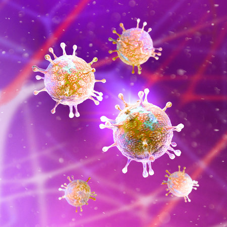 Microscopic view of Coronavirus, a pathogen that attacks the respiratory tract. COVID-19. Analysis and test, 3d render. Viral infection. Propagation of the virus in the human body. Vaccineの写真素材