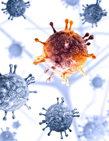 Microscopic view of Coronavirus, a pathogen that attacks the respiratory tract. COVID-19. Analysis and test, 3d render. Viral infection. Propagation of the virus in the human body. Vaccineの写真素材