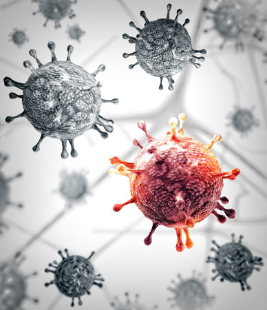 Microscopic view of Coronavirus, a pathogen that attacks the respiratory tract. COVID-19. Analysis and test, 3d render. Viral infection. Propagation of the virus in the human body. Vaccineの写真素材