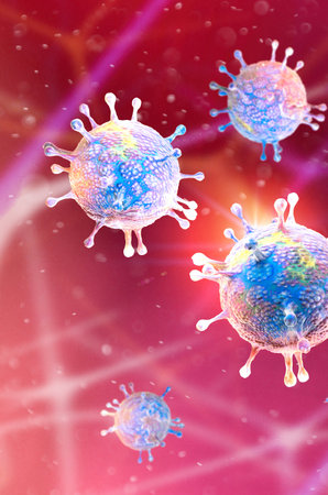 Microscopic view of Coronavirus, a pathogen that attacks the respiratory tract. COVID-19. Analysis and test, 3d render. Viral infection. Propagation of the virus in the human body. Vaccineの写真素材