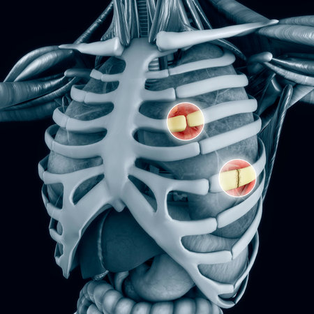 Anatomy and the human body. Costochondral separation, separated rib. Broken, fractured ribs. Bones in the rib cage breaks or cracks. The chest hurt more with deep breath. Perforated lung. 3d renderの写真素材