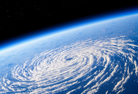 Satellite view of the eye of the storm, tropical storm. Formation of hurricanes. Atmospheric pressure. Meteorology. Climate change and global warming. Destructive air vortex. 3d render. Typhoonの写真素材