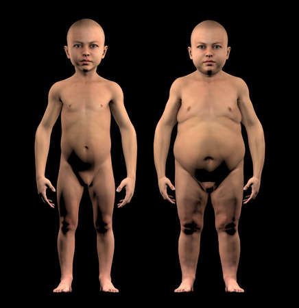A normal-sized child and an obese child in comparison. Problems of obesity in children. Diet and exercise. Risk: cases of diabetes, dyslipidemia, hypertension, cardiovascular diseases. 3d renderの写真素材