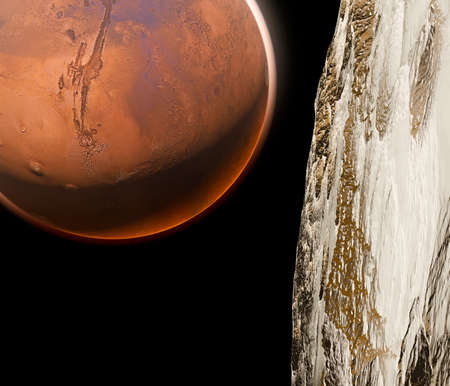 View of Mars seen from Phobos, Deimos the two moons of Mars, natural satellites orbiting the Red Planet. Exploration. Discoveries. 3d render.の写真素材