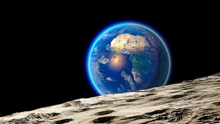 Moon and earth seen from space. Lunar surface and earth in the background. The earth seen from the moon. 50th anniversary of the lunar landing.の写真素材