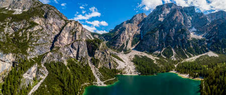 Aerial view of the Lake Braies, Pragser Wildsee is a lake in the Prags Dolomites in South Tyrol, Italy. View of Croda del Becco mountain in the backgroundの写真素材