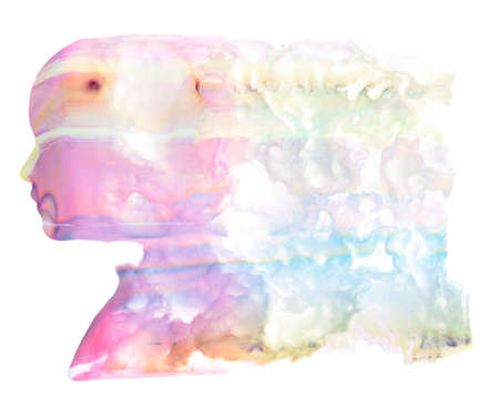 Face seen from the side. Brain problems. Degenerative disease. Bipolar disorder, illness, concept, double personality, schizophrenia. Thoughts and voices. Cloud effect particles. 3d renderの写真素材