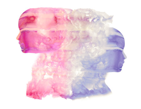 Face seen from the side. Brain problems. Degenerative disease. Bipolar disorder, illness, concept, double personality, schizophrenia. Thoughts and voices. Cloud effect particles. 3d renderの写真素材