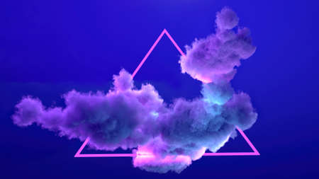 Lights in the sky, abstract geometric shape in the clouds. Triangle. Neon effect. Creativity. Crypto art. 3d render. Alien worlds other galaxies, sci-fiの写真素材