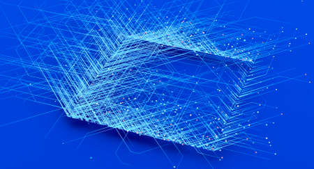 Social connections, relationships between people, movement of data on the net. Particles. Circuits and processors. Speed of connection and internet. 3d renderの写真素材