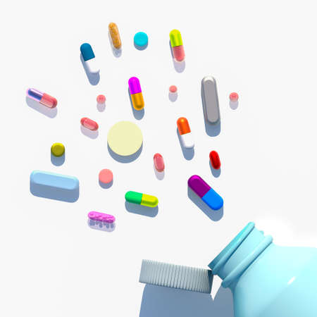 Assorted pharmaceutical medicine pills, tablets, capsules. White medicine bottle. Copy space for text on a white background. Pills, various medicines, on prescriptionの写真素材