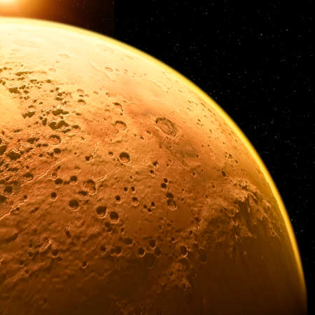 Satellite view of Mars, details and particulars of the Martian surface. Craters valleys and...