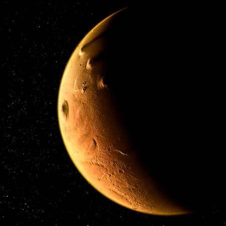 Satellite view of Mars, details and particulars of the Martian surface. Craters valleys and mountains of the red planet. Solar system and planets. 3d render.の写真素材