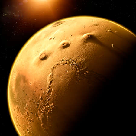 Satellite view of Mars, details and particulars of the Martian surface. Craters valleys and mountains of the red planet. Solar system and planets. 3d render.の写真素材