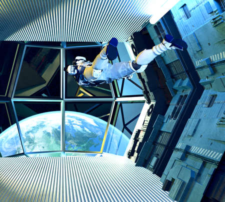 View of Earth from a deck of a spaceship. Interstellar travel. Planets to explore. New worlds and galaxies. Sci-fi. Future technology. 3d renderの写真素材