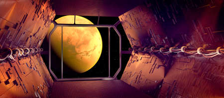 View of Mars from a deck of a spaceship. Interstellar travel. Planets to explore. New worlds and galaxies. Sci-fi. Future technology. 3d renderの写真素材