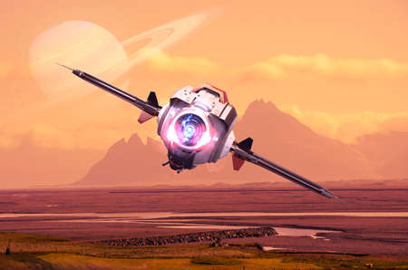 Spaceship traveling between planets of distant galaxies. Exploration of planets. Sci-fi. Conquer new worlds. Technological innovation and intergalactic travel. 3d renderの写真素材