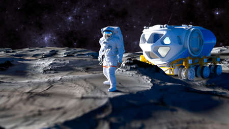View of the Moon. Craters and lunar valleys. Lunar outpost and new frontiers. Interstellar travel. 3d render. Astronaut. Lunar transport vehicle.の写真素材