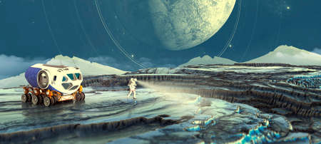 Planets of distant galaxies. Exploration of new worlds, Sci-fi. Conquest of space. Intergalactic travel. 3d render. Astronaut on the lunar surface of an exoplanet. 3d renderの写真素材