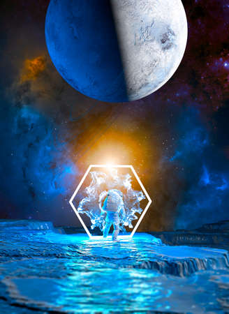 Gravitational tunnel, space-time tunnel. Travel in space time, the deformation of the space-time continuum. Time traveler enters a portal that unites two worlds. Teleportation. Sci-fi. 3d renderの写真素材