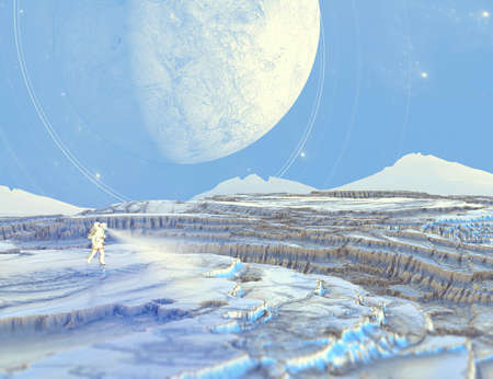 Planets of distant galaxies. Exploration of new worlds, Sci-fi. Conquest of space. Intergalactic travel. 3d render. Astronaut on the lunar surface of an exoplanet. 3d renderの写真素材