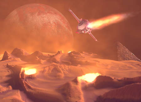 Spaceship traveling between planets of distant galaxies. Exploration of planets. Sci-fi. Conquer new worlds. Technological innovation and intergalactic travel. Wastelands and pyramid. 3d renderの写真素材