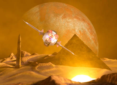 Spaceship traveling between planets of distant galaxies. Exploration of planets. Sci-fi. Conquer new worlds. Technological innovation and intergalactic travel. Wastelands and pyramid. 3d renderの写真素材