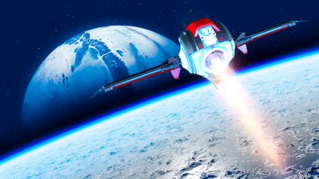 Spaceship traveling between planets of distant galaxies. Exploration of planets. Sci-fi. Conquer new worlds. Technological innovation and intergalactic travel. 3d renderの写真素材