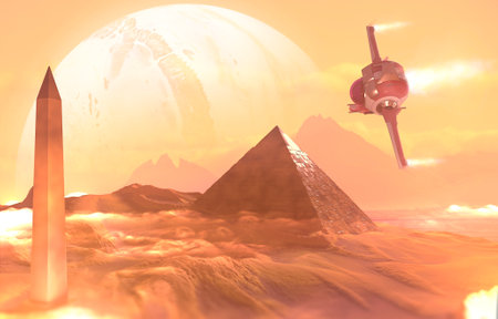 Spaceship traveling between planets of distant galaxies. Exploration of planets. Sci-fi. Conquer new worlds. Technological innovation and intergalactic travel. Wastelands and pyramid. 3d renderの写真素材