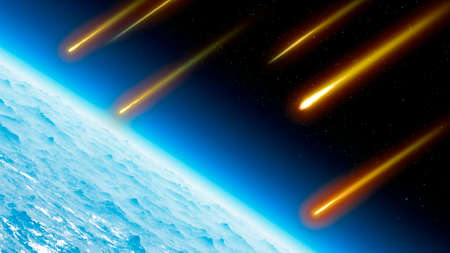 Satellite view of the Earth's atmosphere, meteors and shooting stars. Heavenly body that ignites due...
