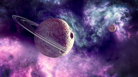 Planets and exoplanets of unexplored galaxies. Sci-Fi. New worlds to discover. Colonization and exploration of nebulae and galaxies. Planet and rings. 3d renderの写真素材