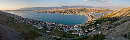 Aerial view of the town of Pag, on the island of Pag, Croatia. Seabed. Panoramic view of the city....