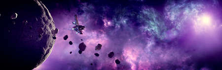 Spaceship traveling between exoplanets of other galaxies. Asteroid and debris in the space. Asteroid rings around a planet. Big star in the background. 3d renderの写真素材