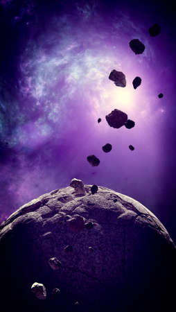 Asteroid and debris in the space. Asteroid rings around a planet. Big star in the background. 3d renderの写真素材