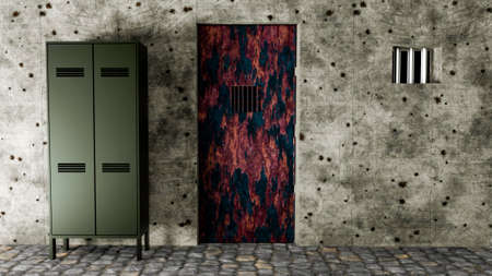 Prison gate, cell entrance. Wardrobe and door. Bunker and secret place, basement. Underground gloomy places. Wall with bullet holes and metal door peeling and corroded. 3d renderの写真素材